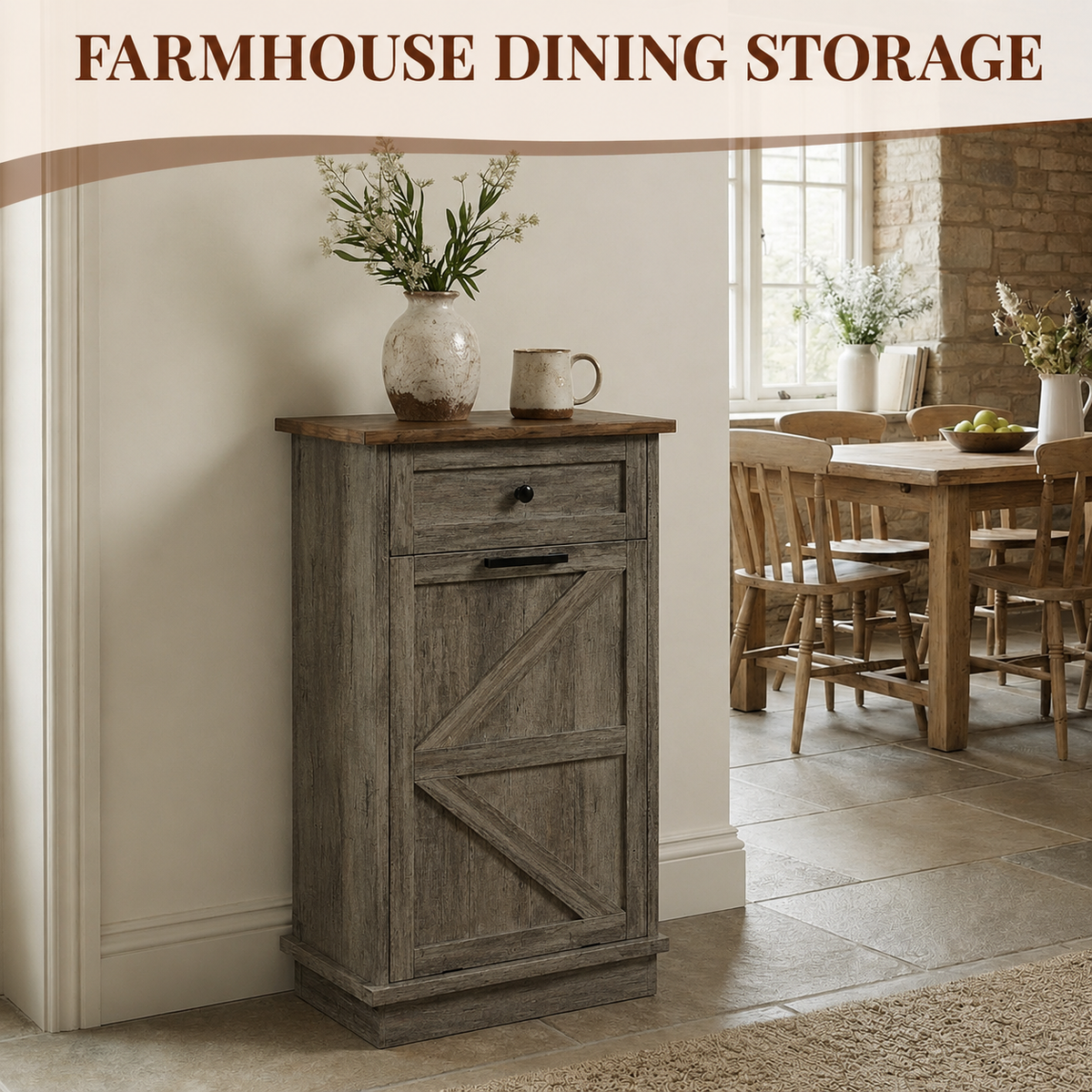 Tilt Out Trash Can Cabinet, 10-Gallon Farmhouse Hidden Garbage Cabinet with Drawer, Dog Proof Wooden Trash Storage Cabinet for Kitchen, Laundry, Living Room, Office