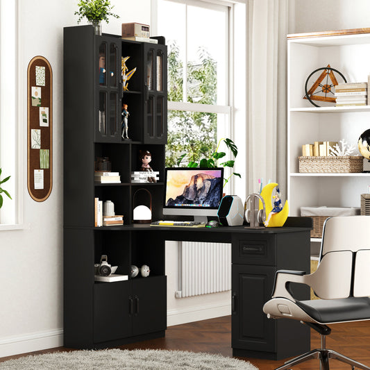 L-Shaped Corner Computer Desk for Home Office or Study desk, Study Modern Style Table with Drawers, Bookshelf & Hutch – Black
