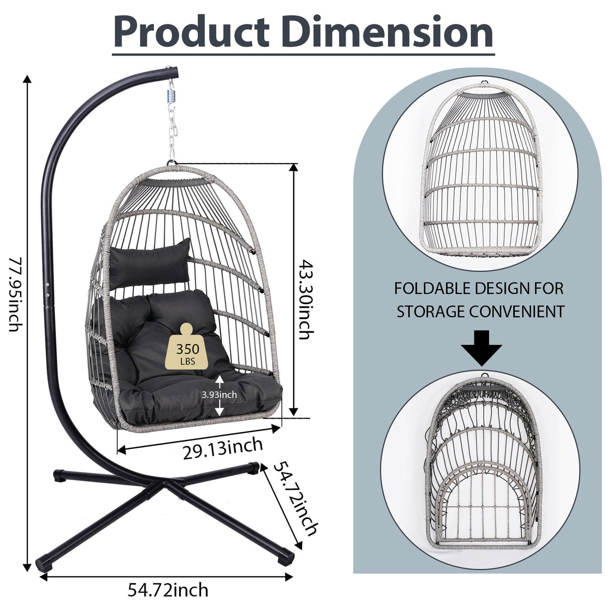 Foldable Hanging Egg Chair with Stand and Pillow, HDPE Rattan and Heavy Duty Aluminum-Steel Frame, Outdoor Patio Wicker Swing Egg Chair with Headrest and Cushioned, 350 Lbs Capacity (Gray)