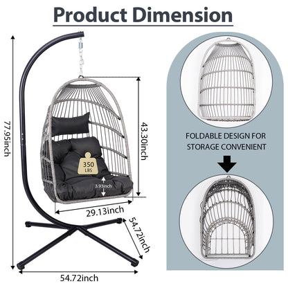 Foldable Hanging Egg Chair with Stand and Pillow, HDPE Rattan and Heavy Duty Aluminum-Steel Frame, Outdoor Patio Wicker Swing Egg Chair with Headrest and Cushioned, 350 Lbs Capacity (Gray)
