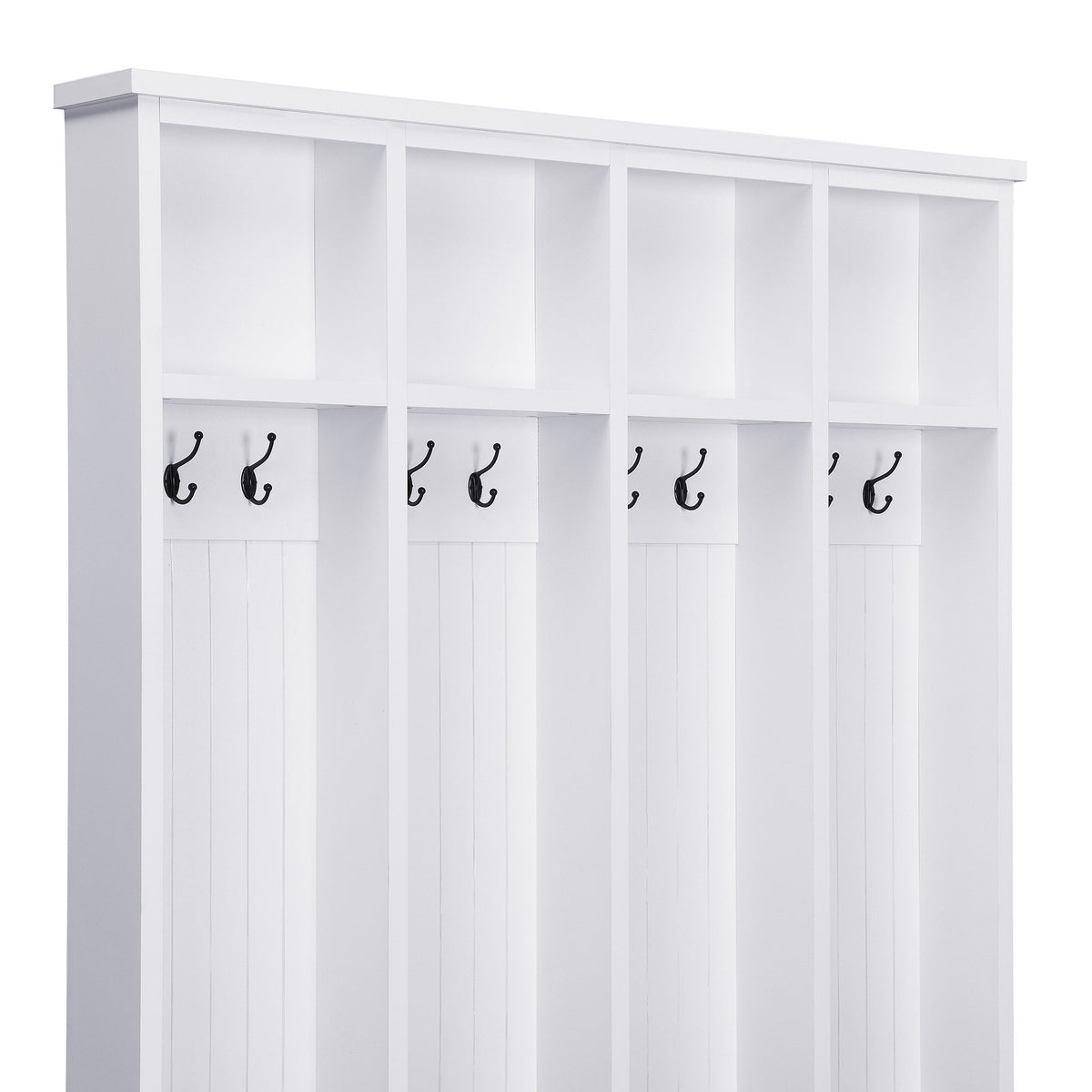 Farmhouse Hall Tree with 8 Hooks, Practical Entryway Bench with Open Compartments, 76.7"H Modern 3-in-1 Wooden Style Coat and Shoe Rack for Mudroom, Living Room, White (OLD SKU: N721S000075K)