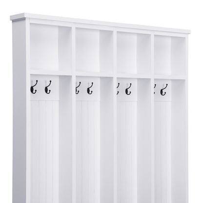 Farmhouse Hall Tree with 8 Hooks, Practical Entryway Bench with Open Compartments, 76.7"H Modern 3-in-1 Wooden Style Coat and Shoe Rack for Mudroom, Living Room, White (OLD SKU: N721S000075K)