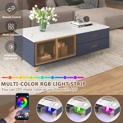 Modern Navy Blue Coffee Table with 2 Glass Door Storage, 4 Drawers, Gold Metal Legs, and Multi-Color Lighting in 47.2''