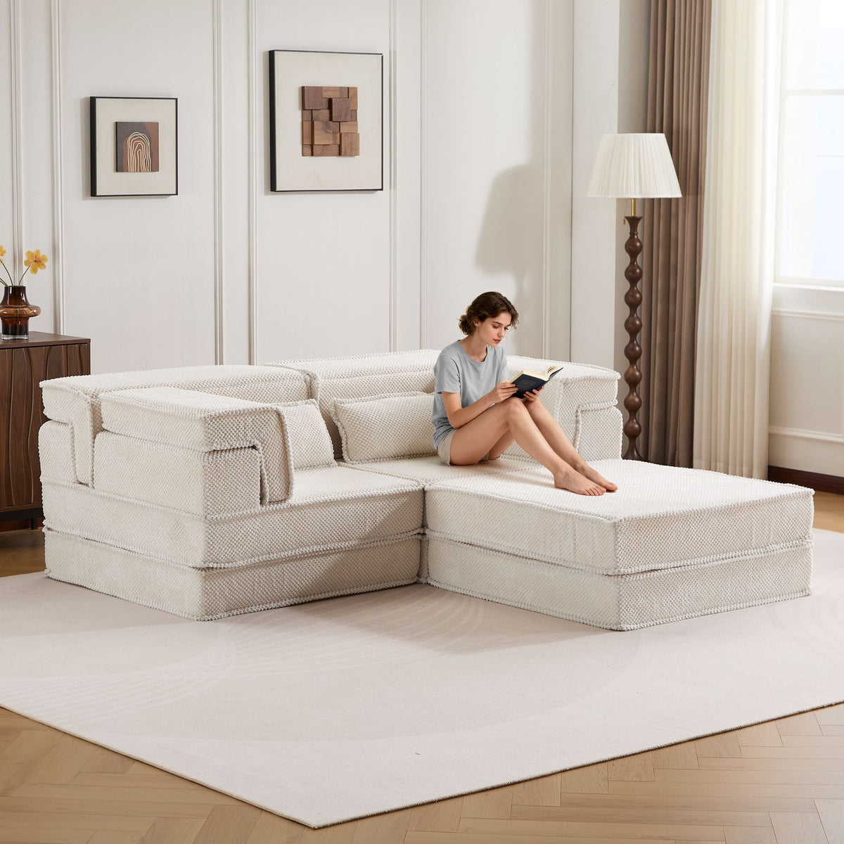 Compression Mahjong Sofa, Convertible Floor Sofa Bed, DIY Boneless Modular Sectional Sofa, No Assembly Required, Circle fleece fabric – Model W3723S00027