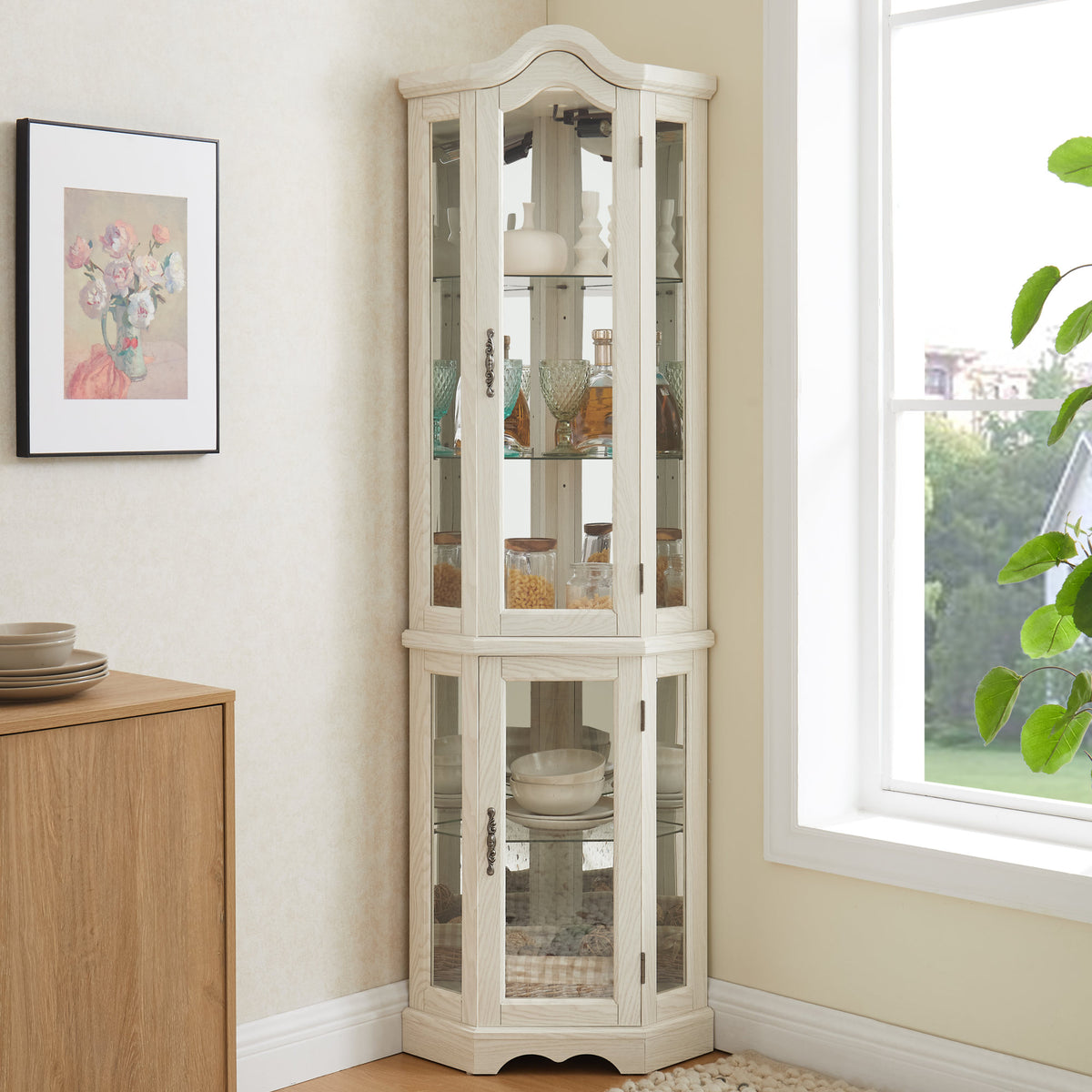 Curio Cabinet Lighted Glass Display Curio Cabinet w/Tempered Glass Doors and Shelves, Crown Corner Cabinet with Bulb, Corner Storage Decoration for Living room and Bedroom WHI