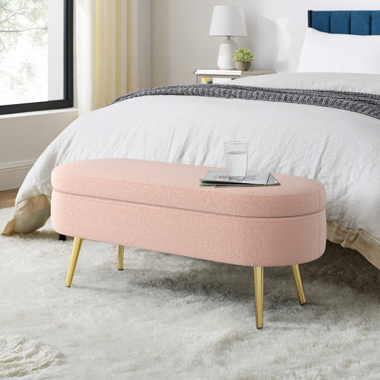 Ottoman Oval Storage Bench, Flannel with Metal Legs-Pink(43.5'x16'x16')