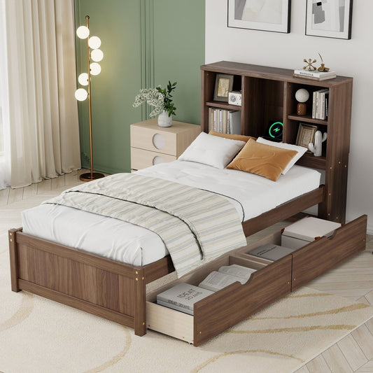 Modern Twin Size Bed Frame With Built-in USB Port on Bookcase Headboard and 2 Drawers for Walnut Color