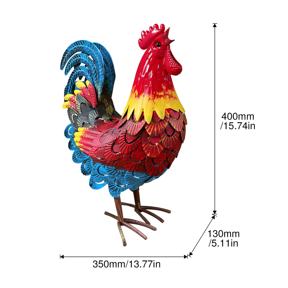 Wrought-iron rooster garden statue, metal rooster sculpture, ideal for landscape decoration and as a focal point for outdoor lawns, farms, and backyards.