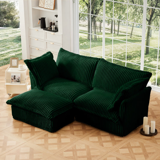 Slipcovered Sectional 2 Seater Sofa Couch with Convertible Ottoman, Wide and Deep Seat L Shaped Sofa with Detachable Cover and Soft Multiple Big Pillows,Green Corduroy Fabric
