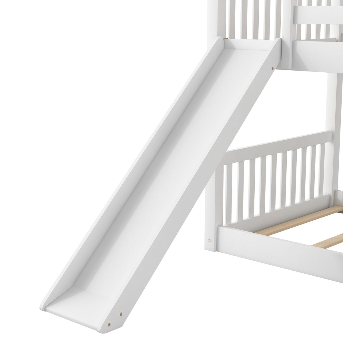 White Twin over Twin Bunk Bed with Convertible Slide and Ladder, Pine Wood, 79.1''L x 42.1''W x 49.4''H