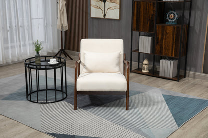 Mid Century Modern Accent Chair with Wood Frame, Upholstered Living Room Chairs with Waist Cushion, Reading Armchair for Bedroom Sunroom – Antique White