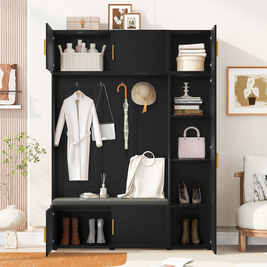 U-Can American Style 4-in-1 Hall Tree with Padded Bench, 4 Hooks, and Multi-Tier Storage Shelves