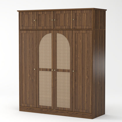 70.87"Tall 8-Door Large Capacity Armoire Wardrobe Closet with Hanging Rod, Adjustable Shelves and Rattan Decorative Doors, Clothing Storage Cabinet for Bedroom, walk-in closet, Living Room, Walnut