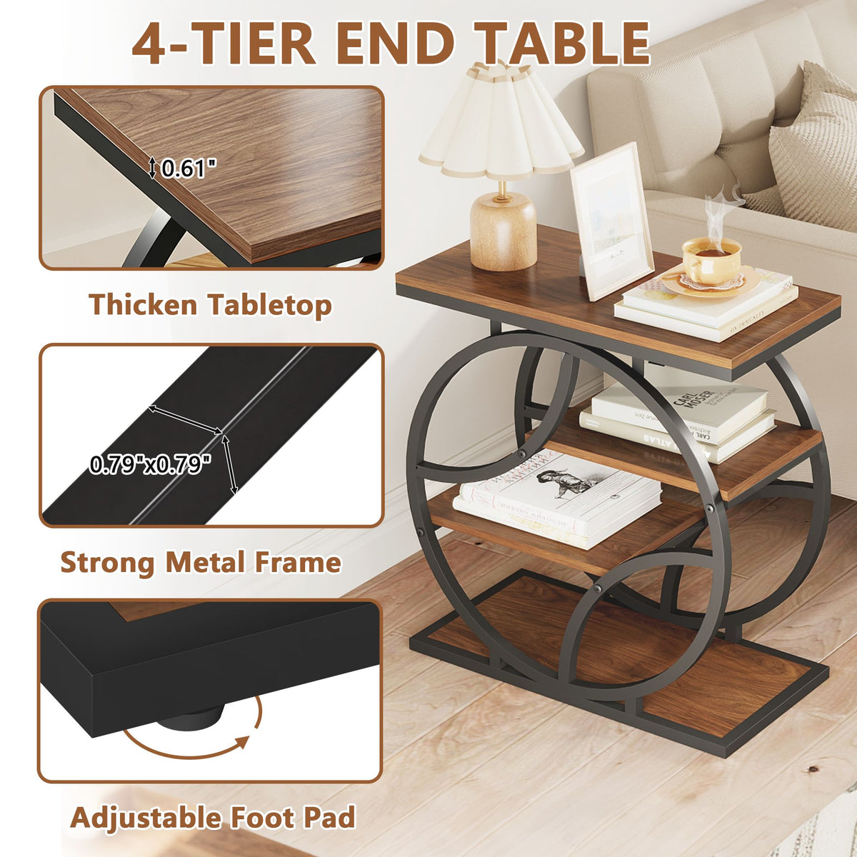 4-Tier Side Table with Storage, 25.6" Narrow End Table, Industrial Plant Stand & Nightstand, Geometric Metal Frame Accent Table for Living Room, Bedroom & Small Spaces, ( Brown)