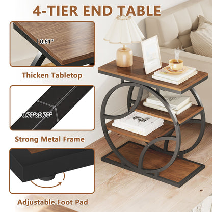 4-Tier Side Table with Storage, 25.6" Narrow End Table, Industrial Plant Stand & Nightstand, Geometric Metal Frame Accent Table for Living Room, Bedroom & Small Spaces, ( Brown)