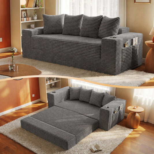 77-Inch Frameless Teddy Couch Bed, Boneless Corduroy Convertible Sofa with Cup Holders, Side Storage and 30 High-Density Foam, Compressed Floor Sleeper Sofa, Grey