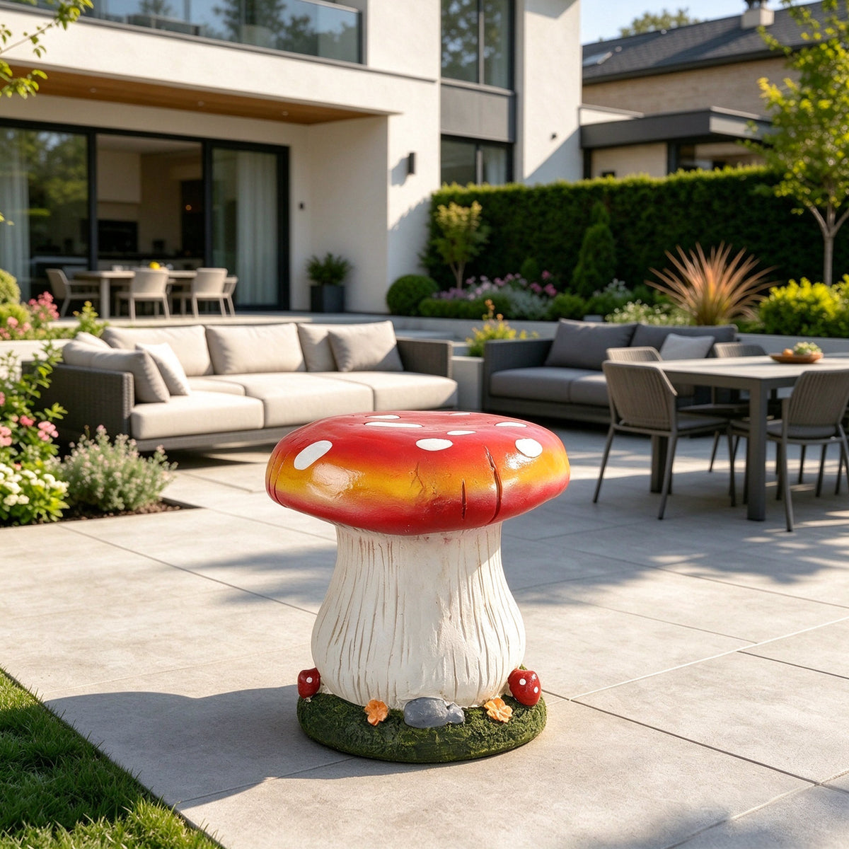 13' Mushroom Stool Garden Statue, Magnesium Oxide Stone Composite Outdoor Stool Decor, Red Cap with Yellow Edge, Sculpture Decor for Yard, Patio, Garden & Backyard, Ideal Gift for Garden Decoration