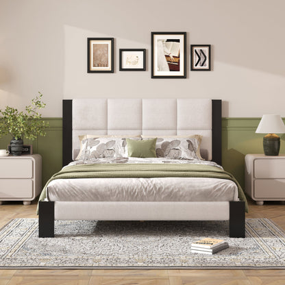 Boucle Queen Bed frame with Square-Stitched Headboard ,BEIGE + BLACK