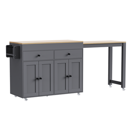 K&K 74.5 inch Kitchen Island with Extendable Dining Table, Rolling Kitchen Island on Wheels with Spice Rack and 2 Drawers, 4 Door Cabinet