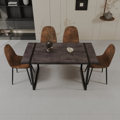 59' MDF black wooden dining table and modern dining chair set of 4 pieces, medieval wooden kitchen dining table set, black rectangular metal base, dining table and suede chair set