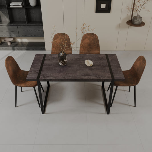 59' MDF black wooden dining table and modern dining chair set of 4 pieces, medieval wooden kitchen dining table set, black rectangular metal base, dining table and suede chair set
