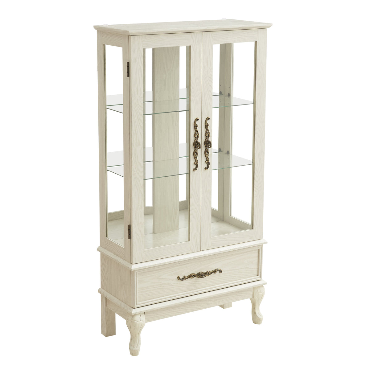 Curio Cabinet Lighted Glass Cabinet Glass Wine Cabinet Curio Display Cabinet with Adjustable Glass Shelves 2 Doors and 1 drawer Cabinet – Antique White