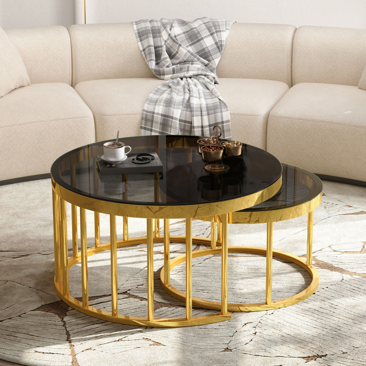 Round Nesting Coffee Table Set of 2, Modern Gold Metal Frame Circular Cocktail Table, Tempered Glass Top Accent Nesting Tables for Living Room, Apartment