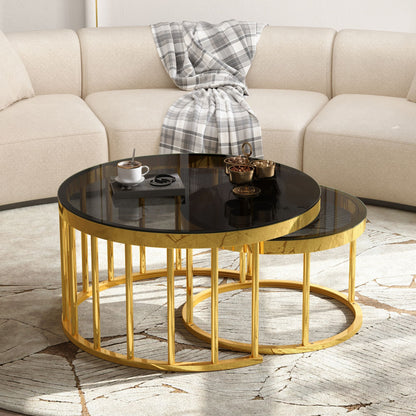 Round Nesting Coffee Table Set of 2, Modern Gold Metal Frame Circular Cocktail Table, Tempered Glass Top Accent Nesting Tables for Living Room, Apartment