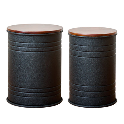 2-Piece Metal Storage Stool Set – 36cm & 31cm Round Side Tables with Wooden Top, Industrial Barrel Design, Textured Black Finish, Perfect for Living Room, Bedroom, Entryway (48cm & 45cm Height)