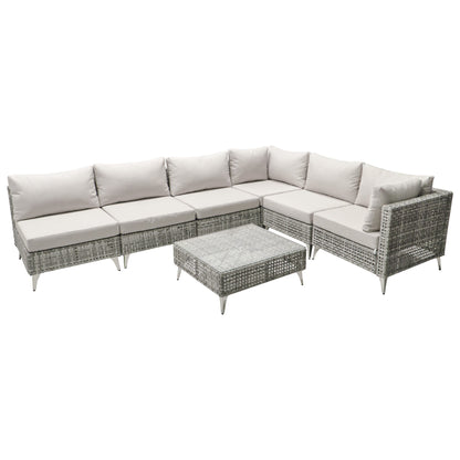 K&K 7-Piece Wicker Patio Furniture Set, Outdoor Conversation Set Sectional Sofa with Water Resistant Grey Thick Cushions and Coffee Table