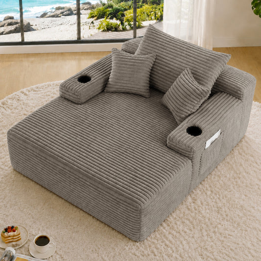 Convertible Chaise Lounge Chair Plush with Wide Armrest & Throw Pillows, Cozy Boneless Sleeper Sofa Bed Armchair, with cup holder,for Living Room, Bedroom, No Assembly Required,Brown