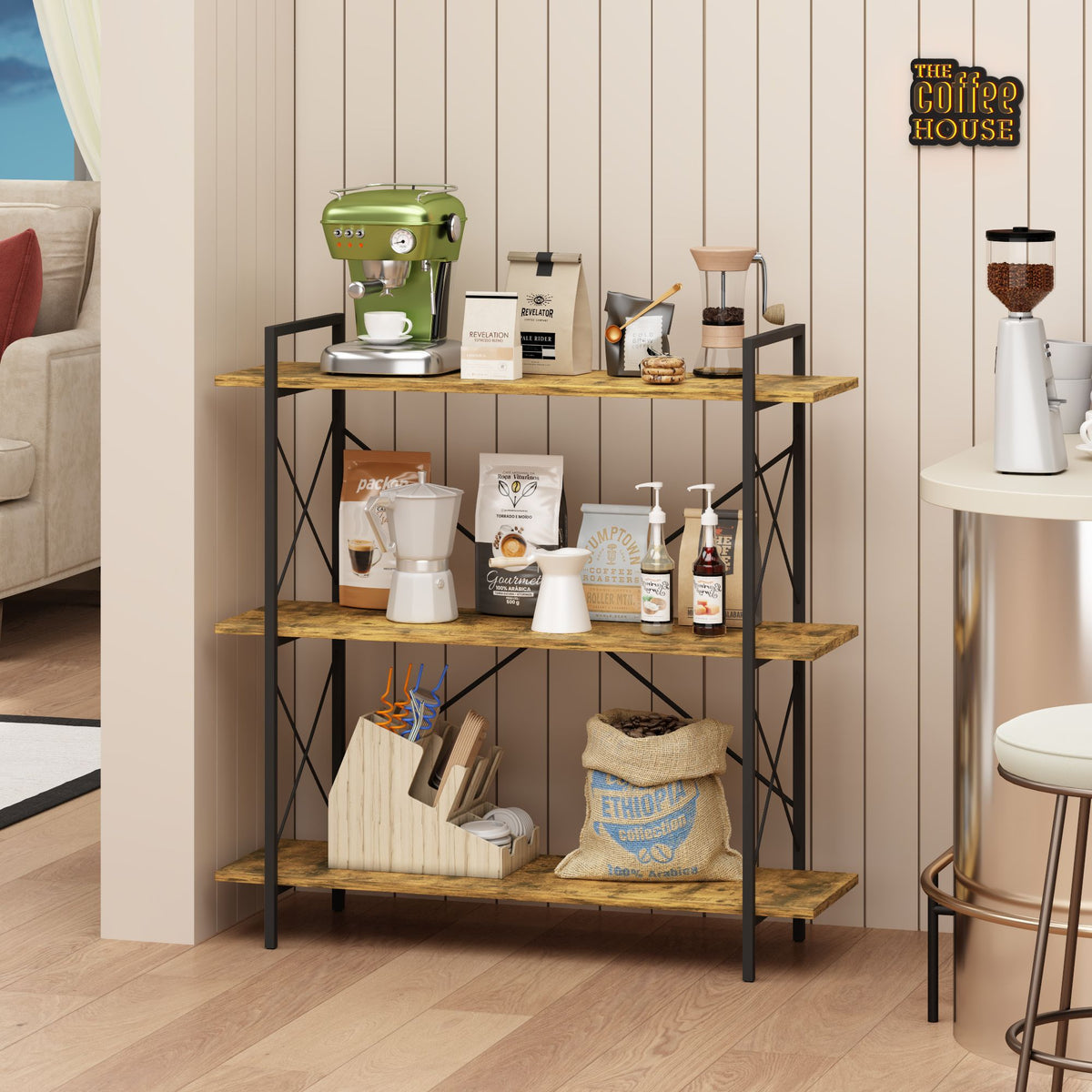 3-Tier Bookshelf, Horizontal Bookcase with Open Storage Shelves, Rustic Industrial Plant Stand, Wood & Metal Shelf for Living Room, Bedroom & Home Office (Rustic Brown)