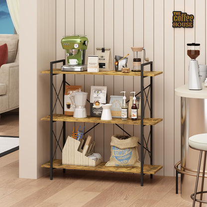 3-Tier Bookshelf, Horizontal Bookcase with Open Storage Shelves, Rustic Industrial Plant Stand, Wood & Metal Shelf for Living Room, Bedroom & Home Office (Rustic Brown)