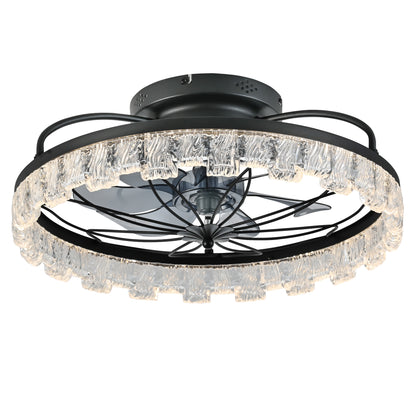 Rustic Black Ceiling Fan with Light, Farmhouse Flower Caged Ceiling Fan with Remote, LED Low Profile Ceiling Light for Bedroom Kitchen Living Room