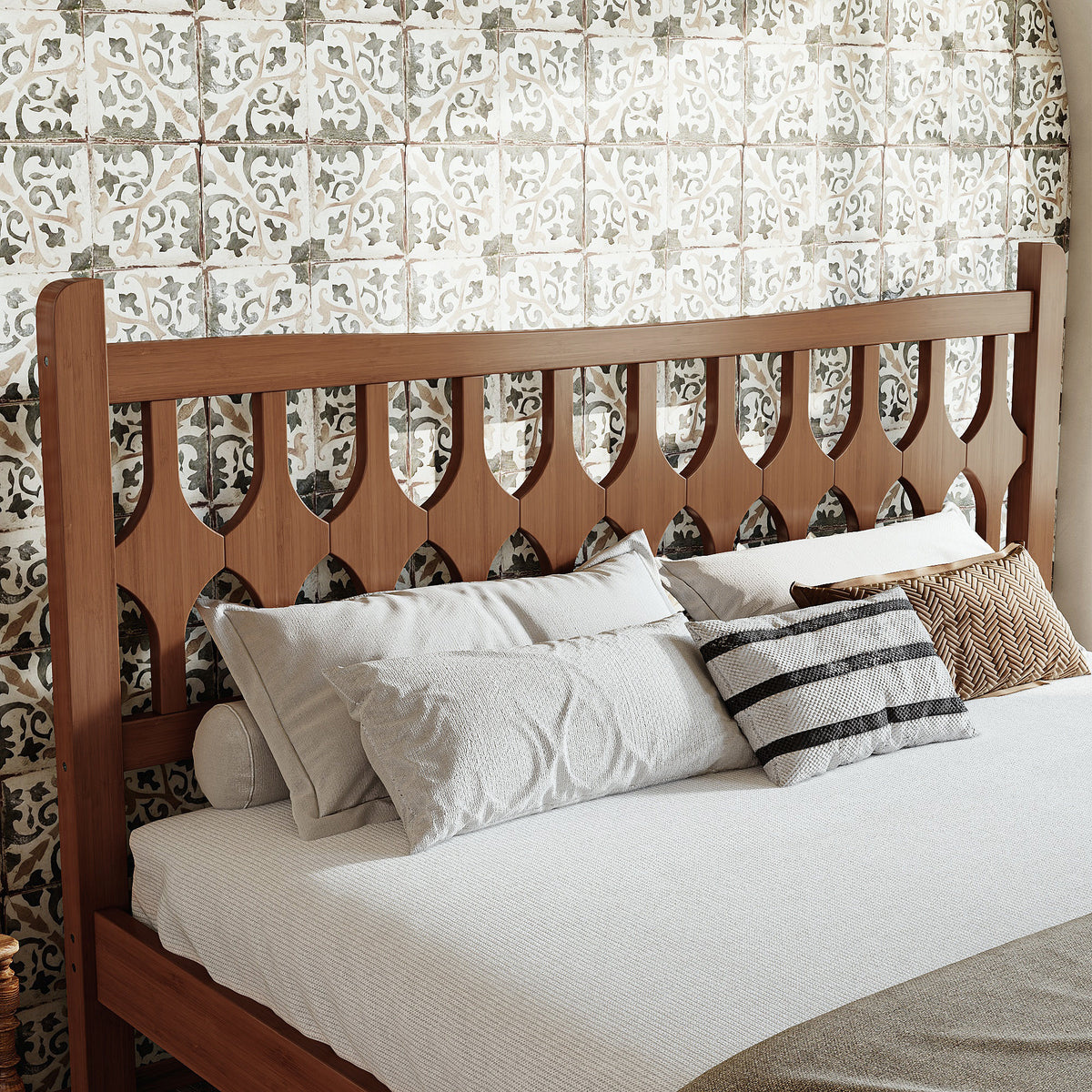 Queen Size Bamboo Platform Bed with Diamond-shaped headboard, Solid Bamboo-made Bed Frame with Support Slats, for Bedroom, Guest Rooms, Brown