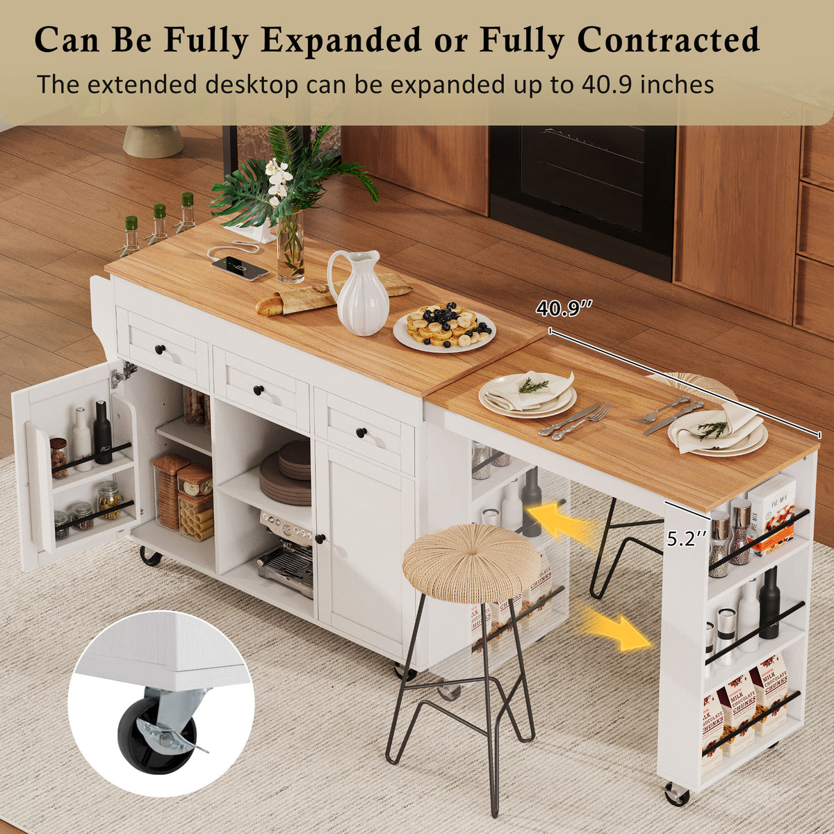 K&K 85.5" Kitchen Island with Extendable Dining Table, Kitchen Storage Table with 3 Side Open Shelves – White