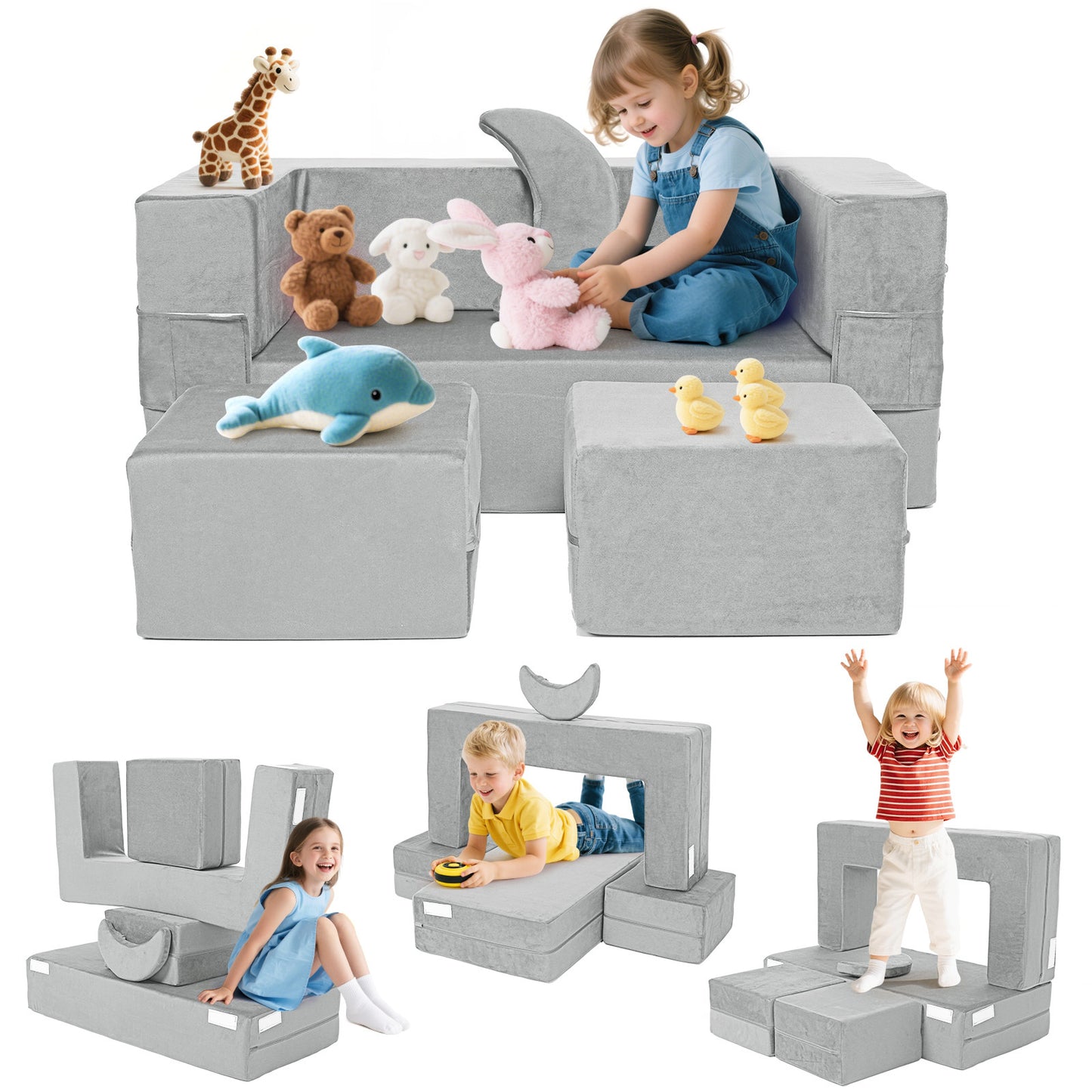 5-Piece Modular Kids Play Couch, Foldable Toddler Foam Sofa, Velvet Convertible Play Chair Floor Cushion, Soft Plush Foam Furniture for Boys Girls Playroom Bedroom