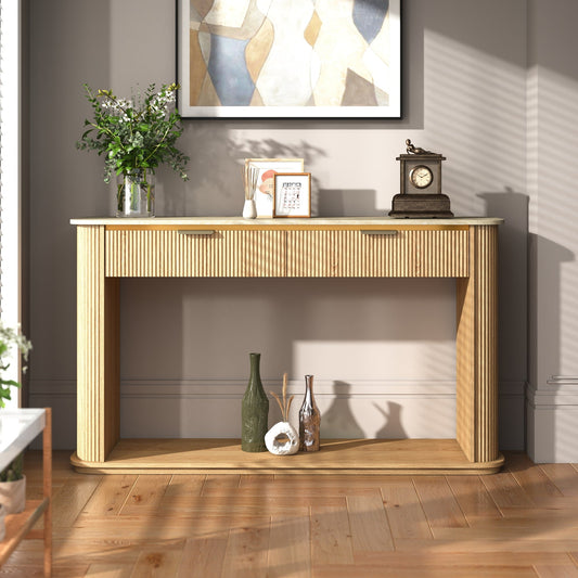 Fluted Console Table with Faux Travertine Top, 63" Entryway Sofa Table with Rose Gold Trim, 2 Drawers and Open Shelf, Curved Edge Modern Hallway Accent Table for Living Room