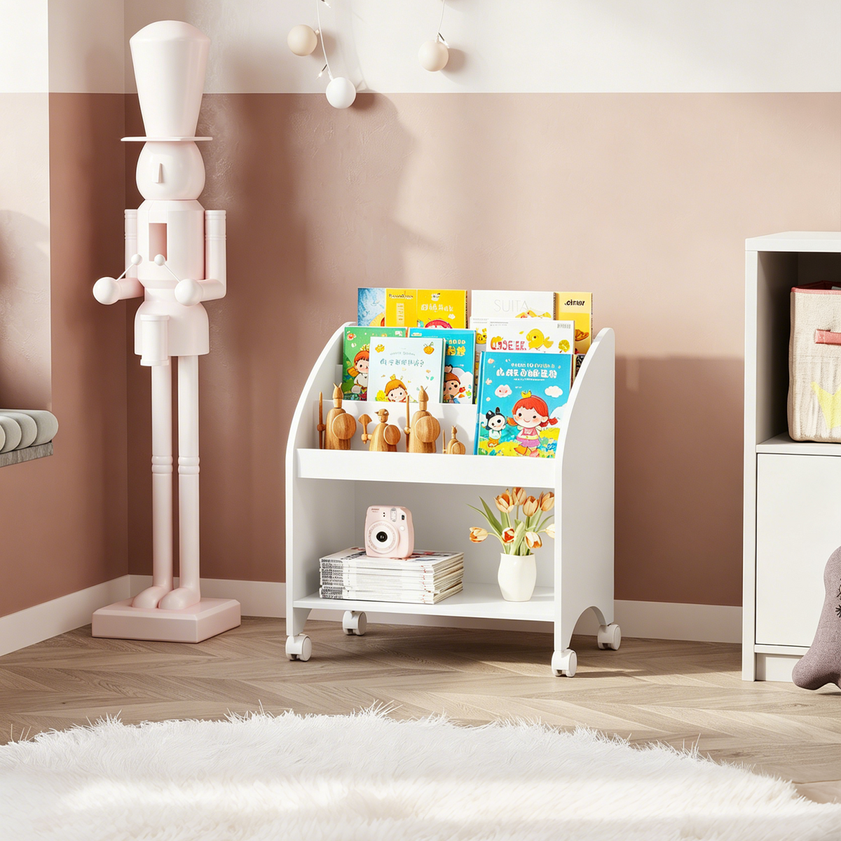 Kids Bookshelf with Wheels, 3-Tier Front Display Bookcase, MDF Rolling Book Organizer with 360° Lockable Casters, Children Storage Shelf for Nursery Bedroom Playroom