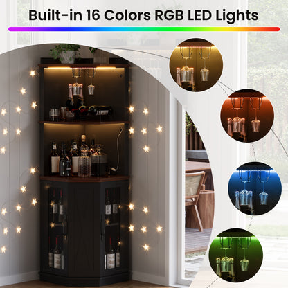 67.3" Corner Bar Cabinet with Power Outlet, Farmhouse Wine Bar Cabinet with Adjustable Shelves for Home,with Lights & Glass Rack for Dining Room, Living Room, Kitchen