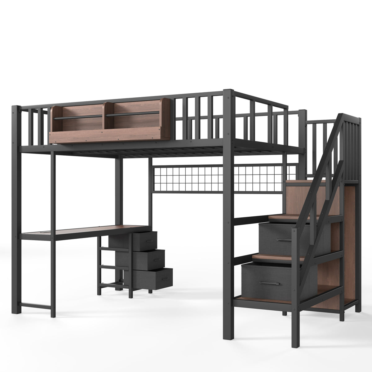 Full Size Loft bed with desk, Heavy Duty save space Loft Bed with Drawers & Storage Stair, All-in-One Metal Frame Multi-Functional Loft Bed for Teens Adults, Black