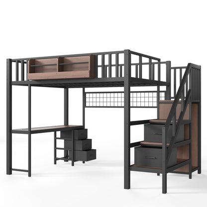 Full Size Loft bed with desk, Heavy Duty save space Loft Bed with Drawers & Storage Stair, All-in-One Metal Frame Multi-Functional Loft Bed for Teens Adults, Black