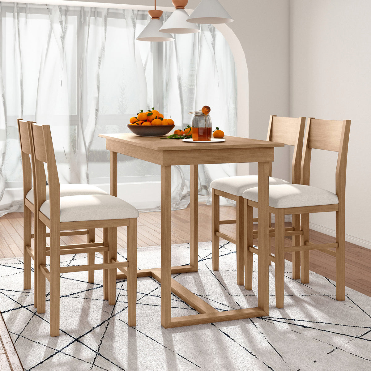 TOPMAX Farmhouse Counter Height 5-Piece Dining Table Set with 1 Rectangular Dining Table and 4 Dining Chairs for Small Places, Natural