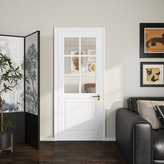 24" X 80"6-Lite Preassembled Clear Glass French Door, Paintable Panel, for Closet Pantry Bedroom Livingroom Study Office,kitchen, Barn Doors-Shaker w/o Hardware,White