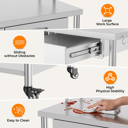 Stainless Steel Table with Shelves and Drawer, Stainless Steel Work Table with Overshelves, Adjustable Shelf and Hooks, Kitchen Prep Table for Commercial Kitchen, Restaurant and Garage