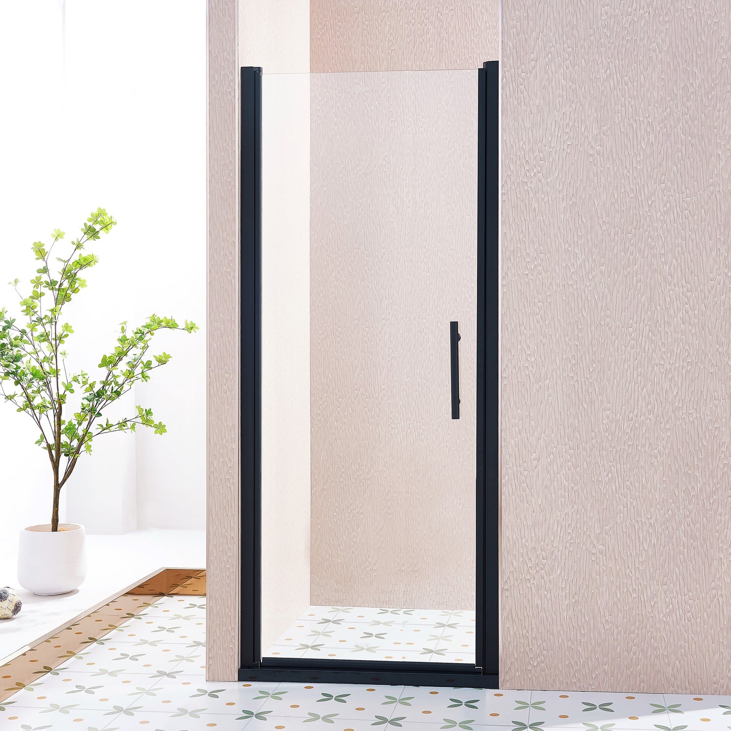 32-33.5'W x 75'H Pivot Single Swing Shower Door, Aluminium Alloy in Matte Black, 1/4' (6mm) Thick SGCC Tempered Clear Glass.