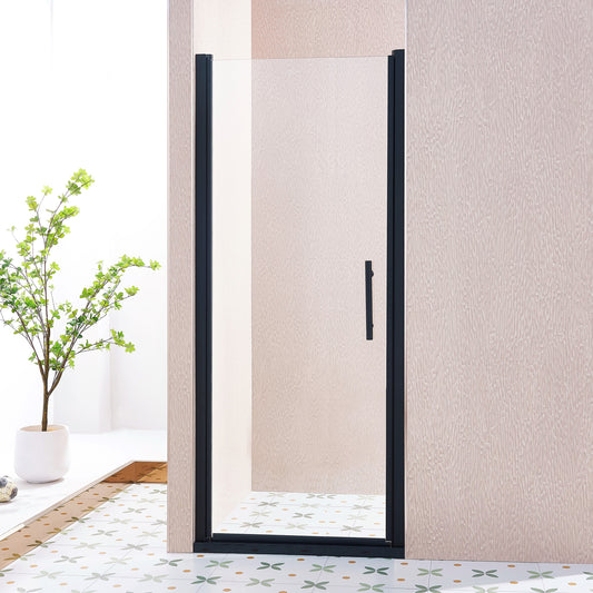 32-33.5'W x 75'H Pivot Single Swing Shower Door, Aluminium Alloy in Matte Black, 1/4' (6mm) Thick SGCC Tempered Clear Glass.