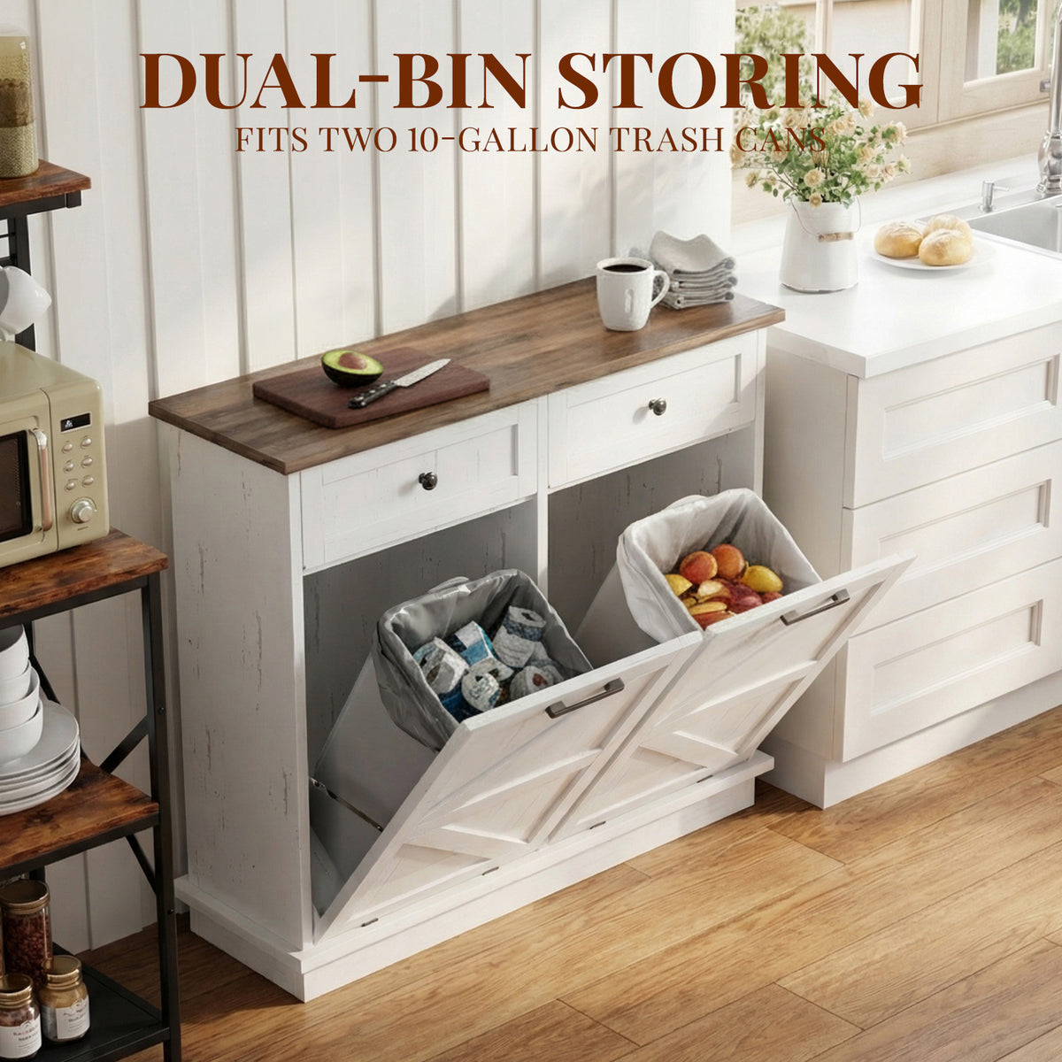 Tilt Out Trash Can Cabinet for Kitchen, Double 10-Gallon Hidden Trash Cabinet with Drawer, Farmhouse Wooden Garbage Cabinet, Dog Proof Trash Can Storage for Kitchen Laundry Living Room Office