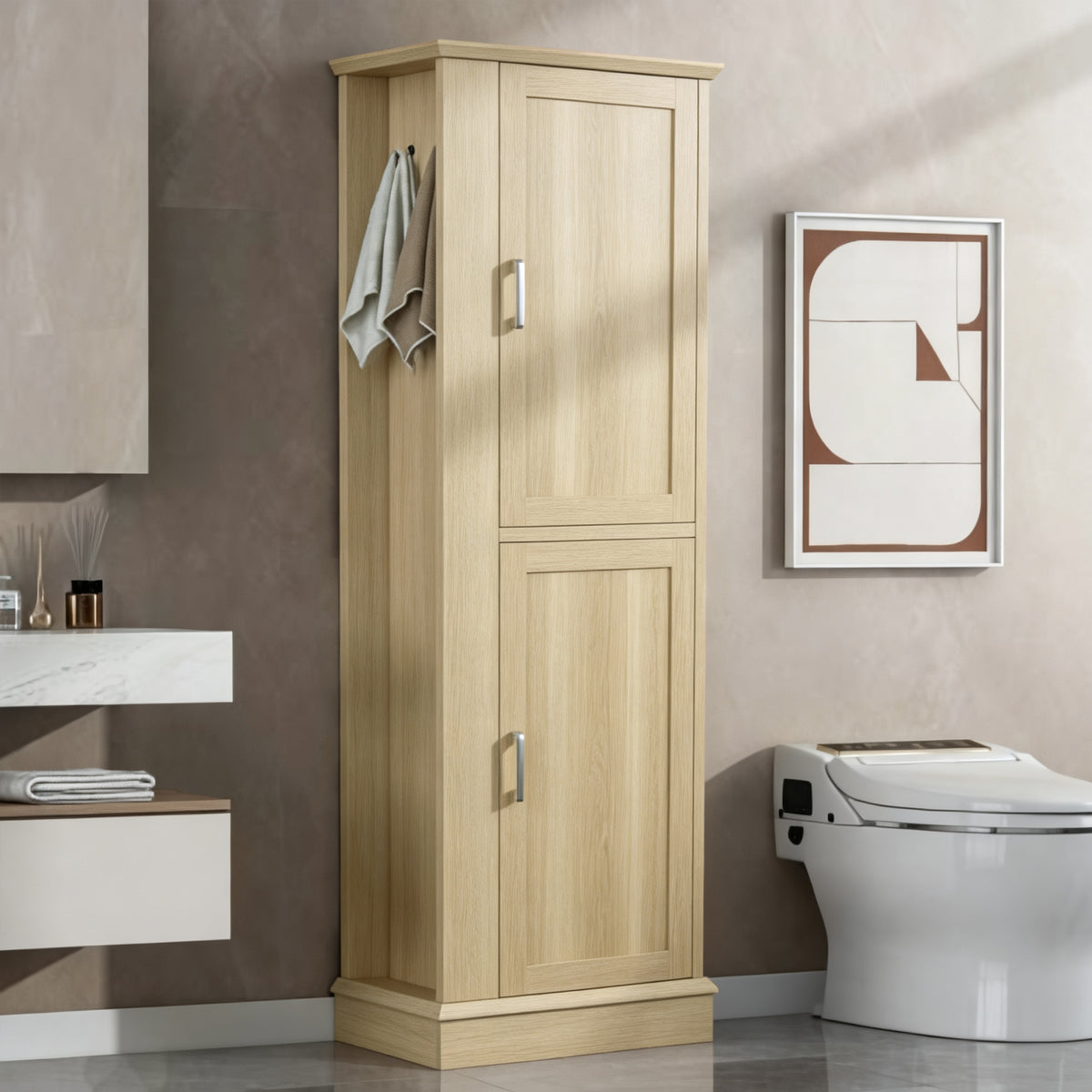 Tall Bathroom Storage Cabinet, Freestanding Storage Cabinet with Hook and Adjustable Shelf, MDF Board, Natural
