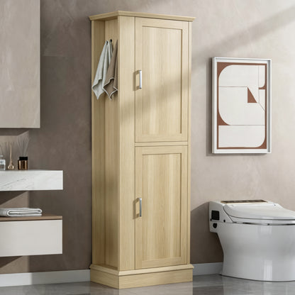 Tall Bathroom Storage Cabinet, Freestanding Storage Cabinet with Hook and Adjustable Shelf, MDF Board, Natural